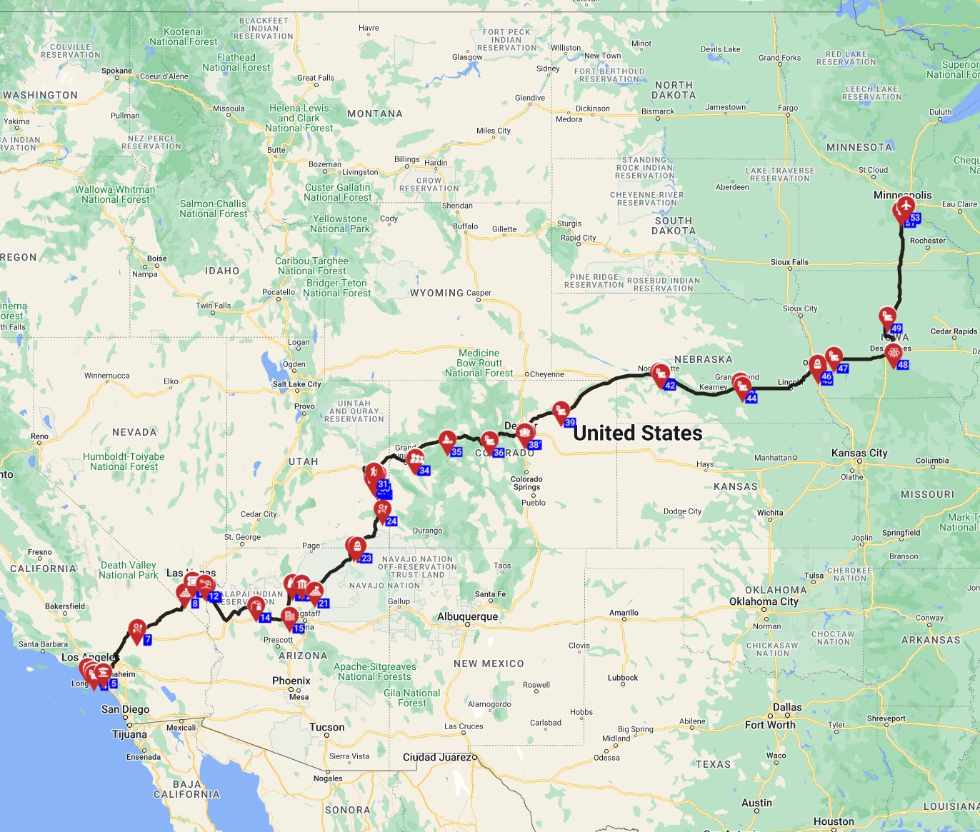USA RV trip wizard route planning from Los Angeles to Minneapolis